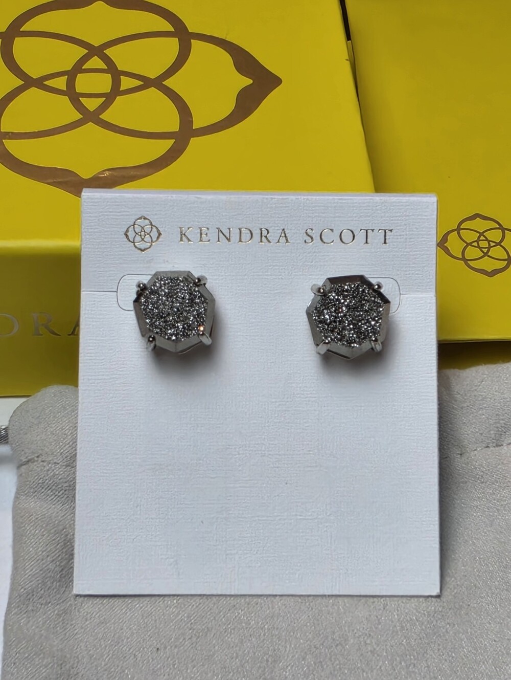 Kendra Scott Ryan Studโ Earrings Black Drusy Rhodium Hexagon Silver Tone